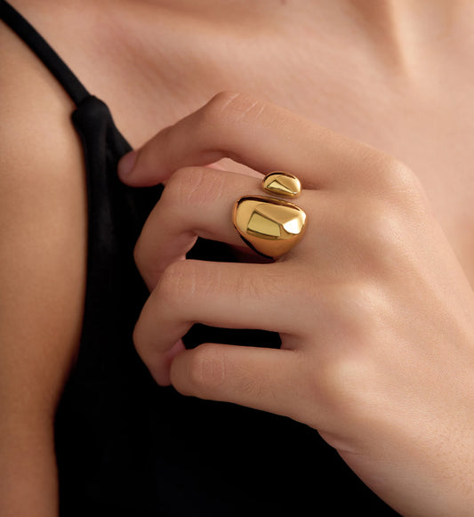 Close-up shot of Gold waterproof stainless steel Geo-Hue Ring by Liora Senar