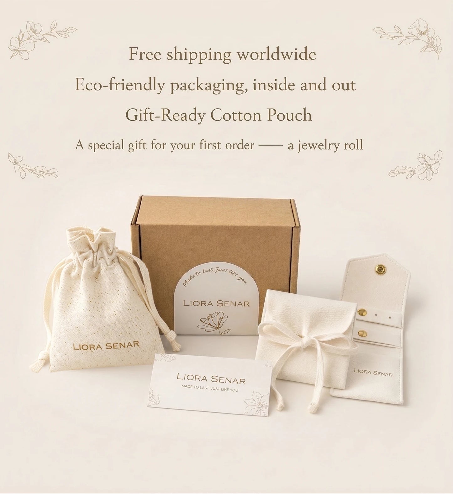 Liora Senar eco-friendly jewelry packaging set with cotton pouch, gift box, and complimentary jewelry roll