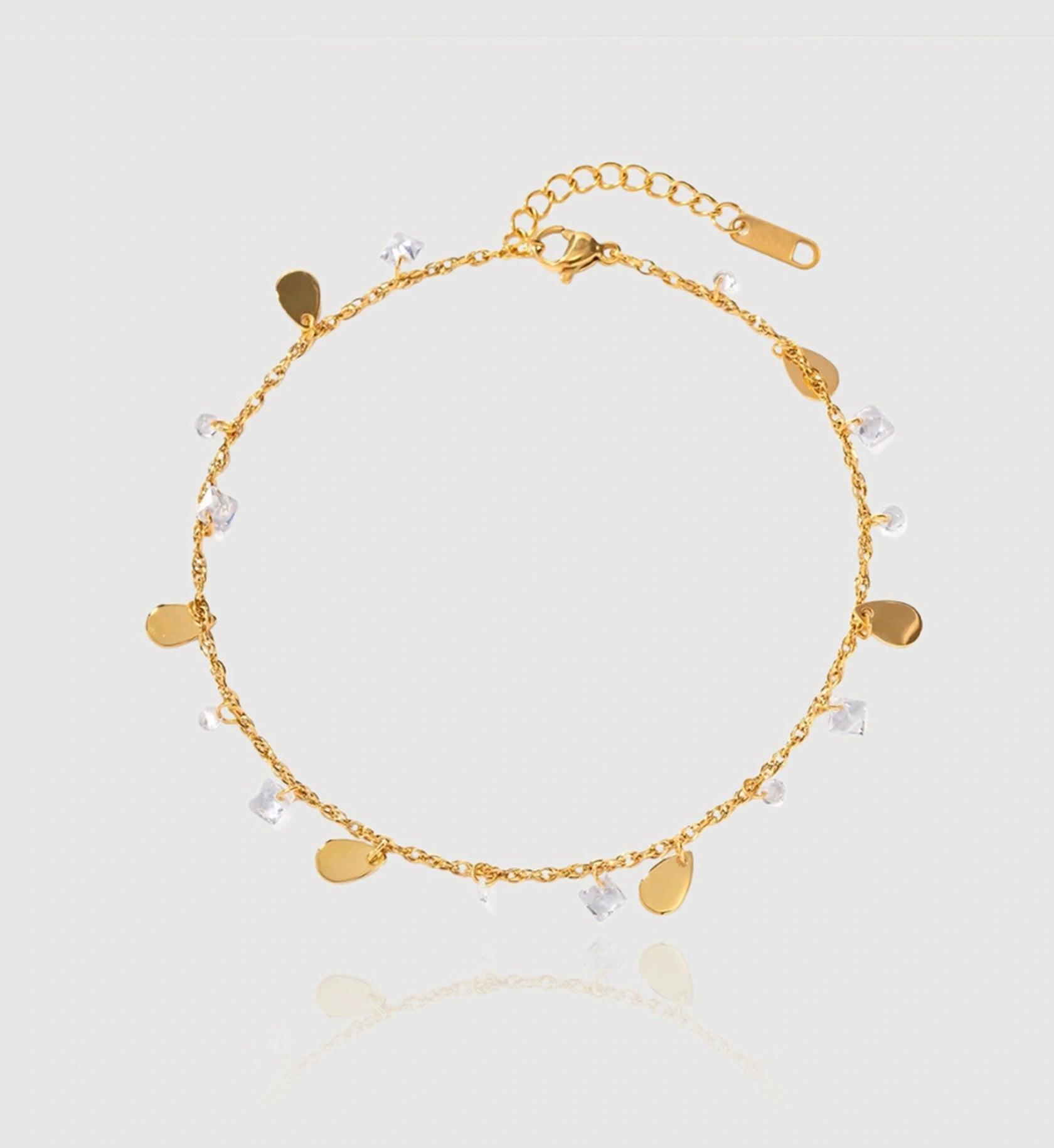 Waterproof stainless steel Crystal Dew Anklet in light gray background by Liora Senar