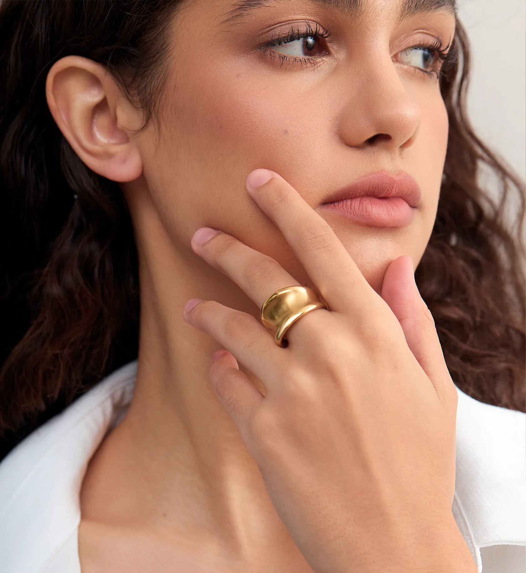 Model wearing color warranty stainless steel Dome Luxe Ring by Liora Senar