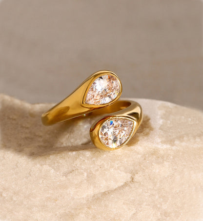 Gold tarnish-free Ethereal Drop Ring on stone by Liora Senar