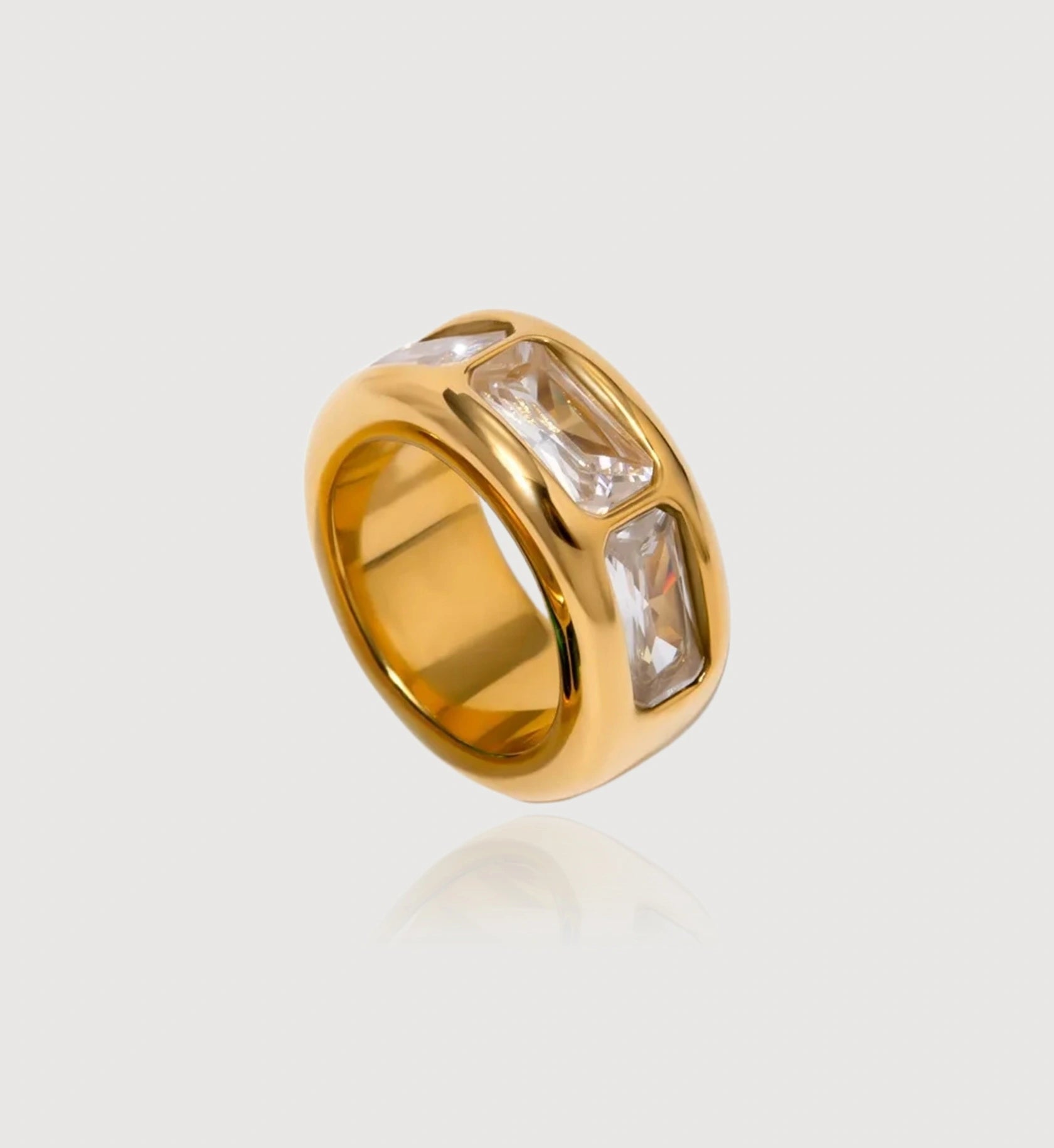 Clear zirconia Geo Lumina Ring in light gray background by Liora Senar