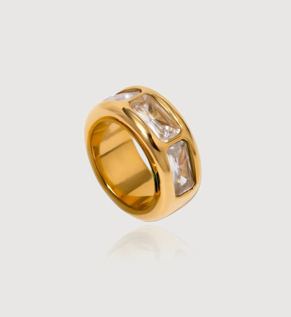 Clear zirconia Geo Lumina Ring in light gray background by Liora Senar