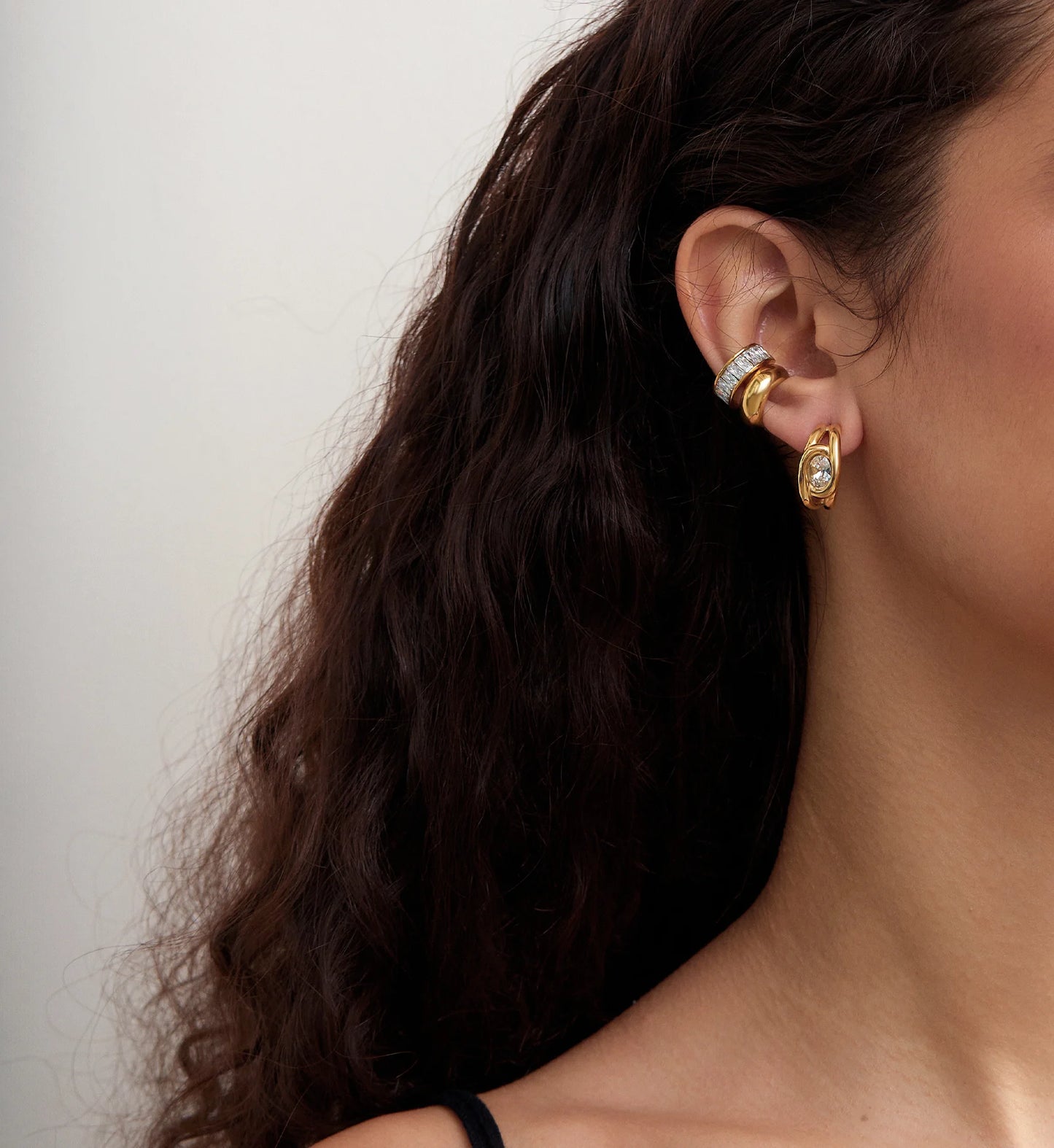 Model wearing Gold stainless steel Luna Cuff by Liora Senar