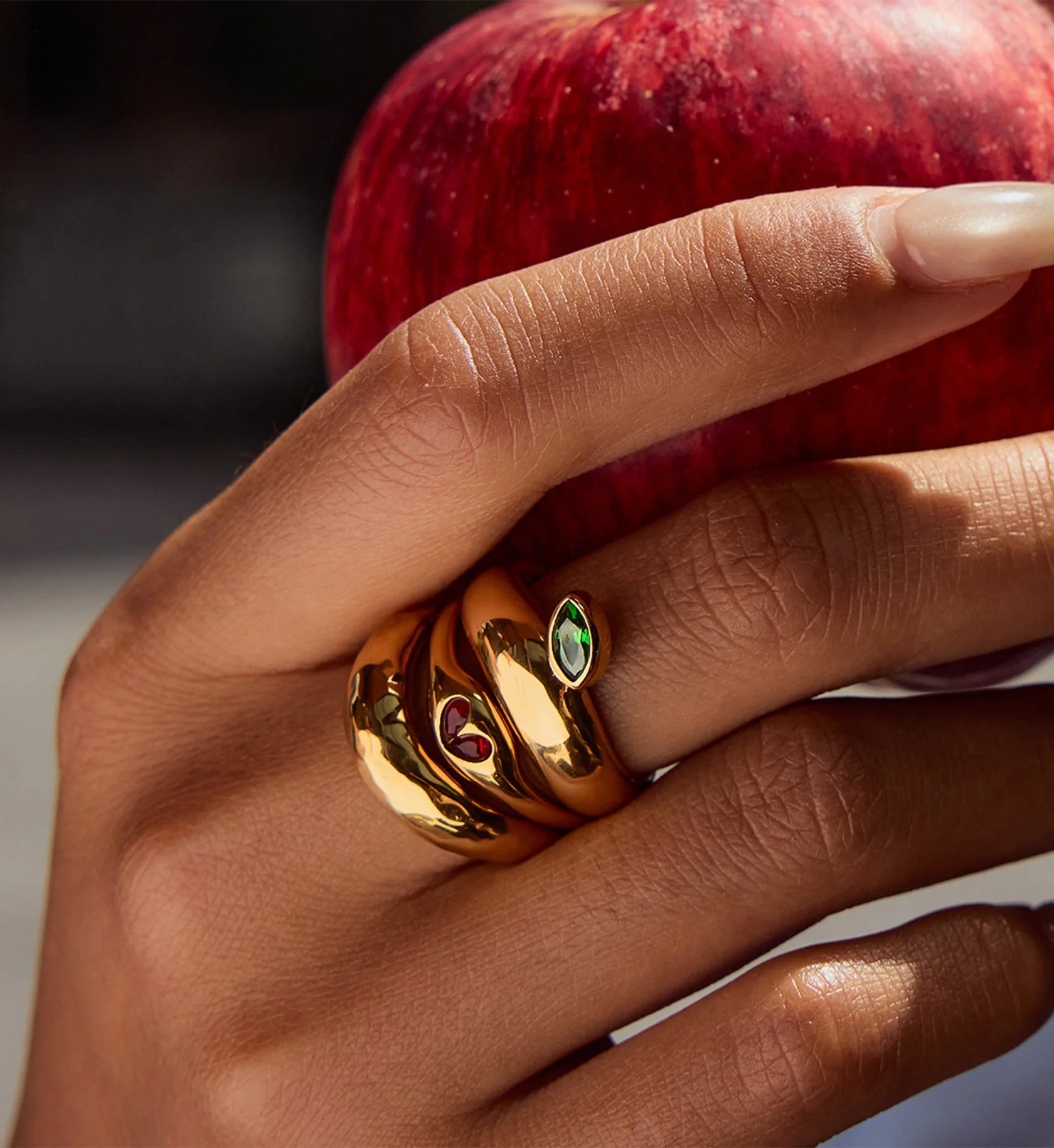 Color warranty Heart & Leaf Gem Stacking Rings on a model by Liora Senar