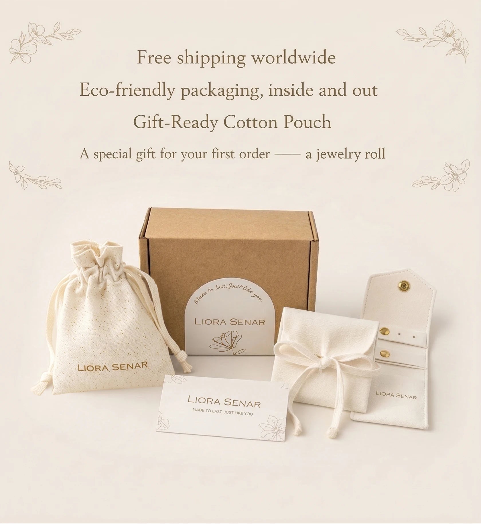 Liora Senar eco-friendly jewelry packaging set with cotton pouch, gift box, and complimentary jewelry roll