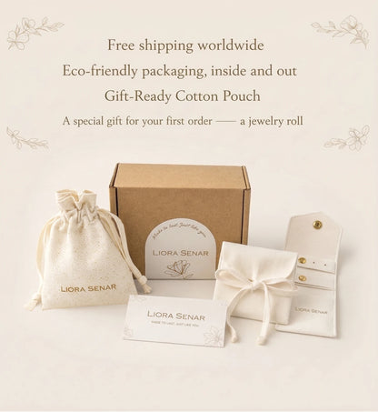 Liora Senar eco-friendly jewelry packaging set with cotton pouch, gift box, and complimentary jewelry roll