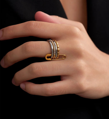 Close-up shot of waterproof stainless steel Pin Stack Ring Set by Liora Senar
