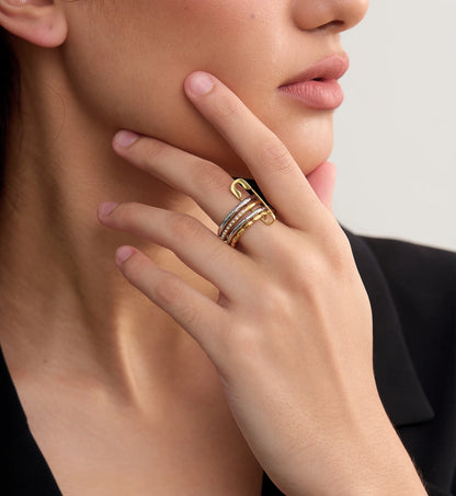 Waterproof color warranty Pin Stack Ring Set on a model's hand by Liora Senar