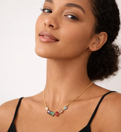 Liora Senar colorful gemstone necklace worn with black camisole