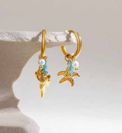shell & starfish charms huggie earrings hangging with stone by Liora Senar