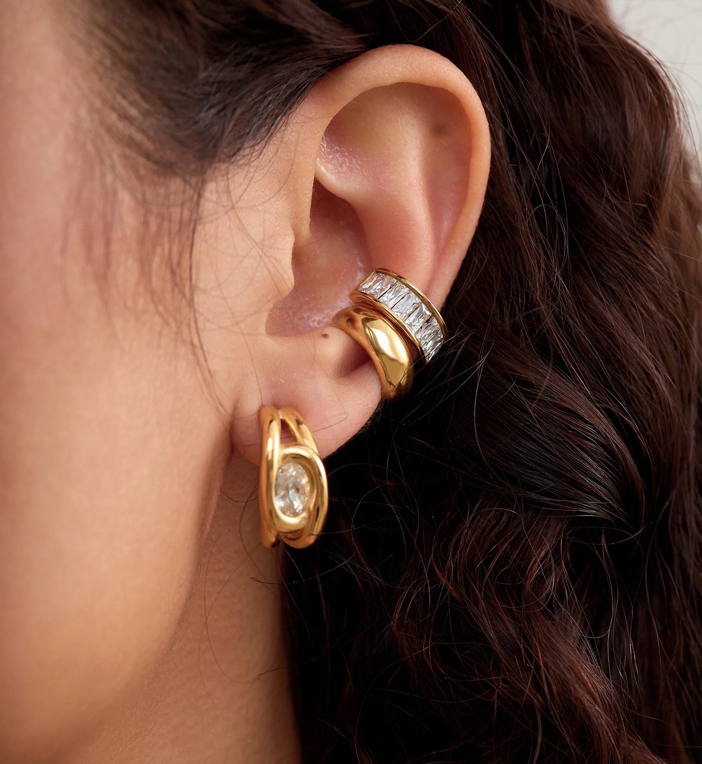 Close-up shot of model wearing minimalist Gold Sparkle Earrings  Bundle by Liora Senar 