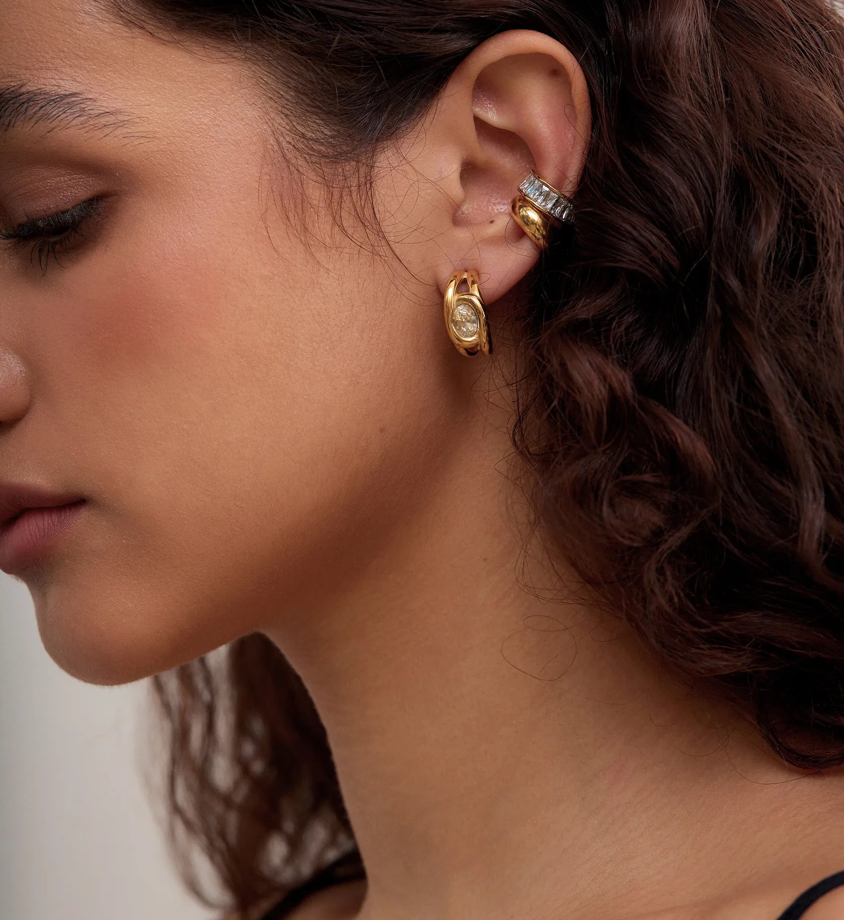 Model wearring stainless steel Gold Sparkle Earrings Bundle by Liora Senar